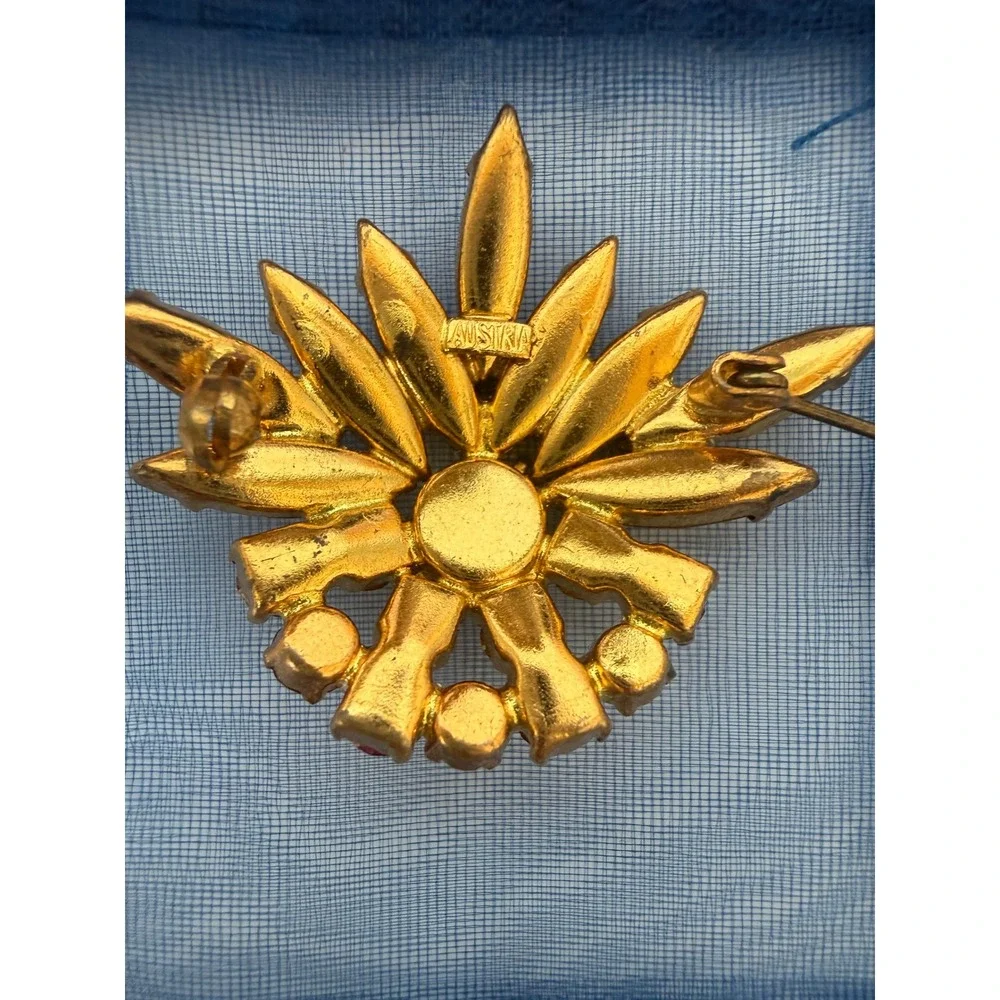 Vintage Austria‎ Red Pink Rhinestone Sunburst Brooch  Regencycore Holiday Gift